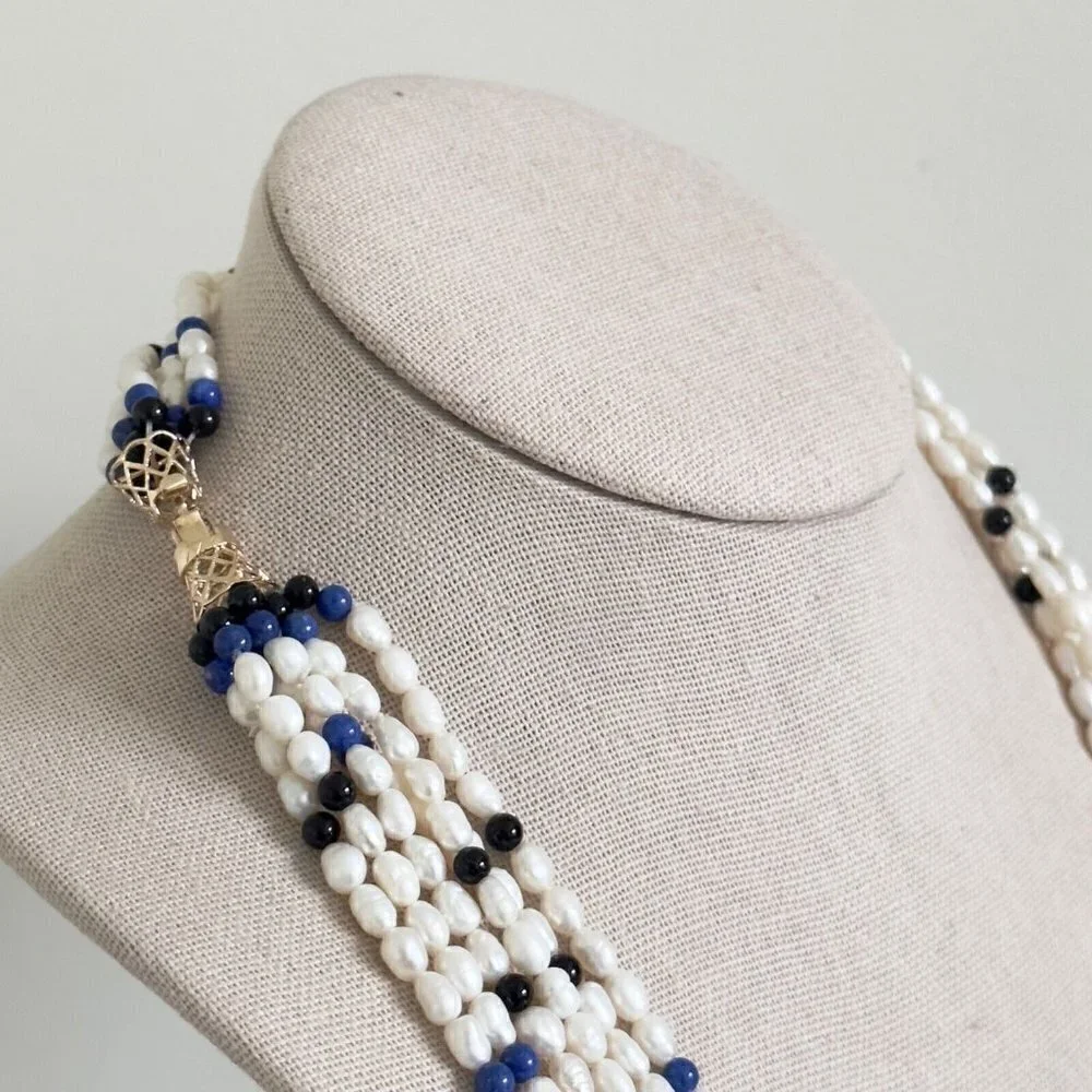 Vintage 14k Yellow Gold Pearl 6 Row Multi Strand Onyx Lapis Statement Necklace